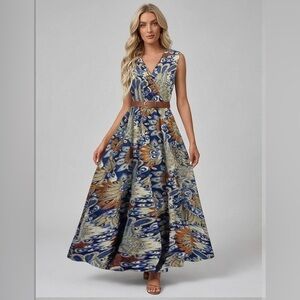 Bohemian Peacock Print V-Neck Maxi Dress